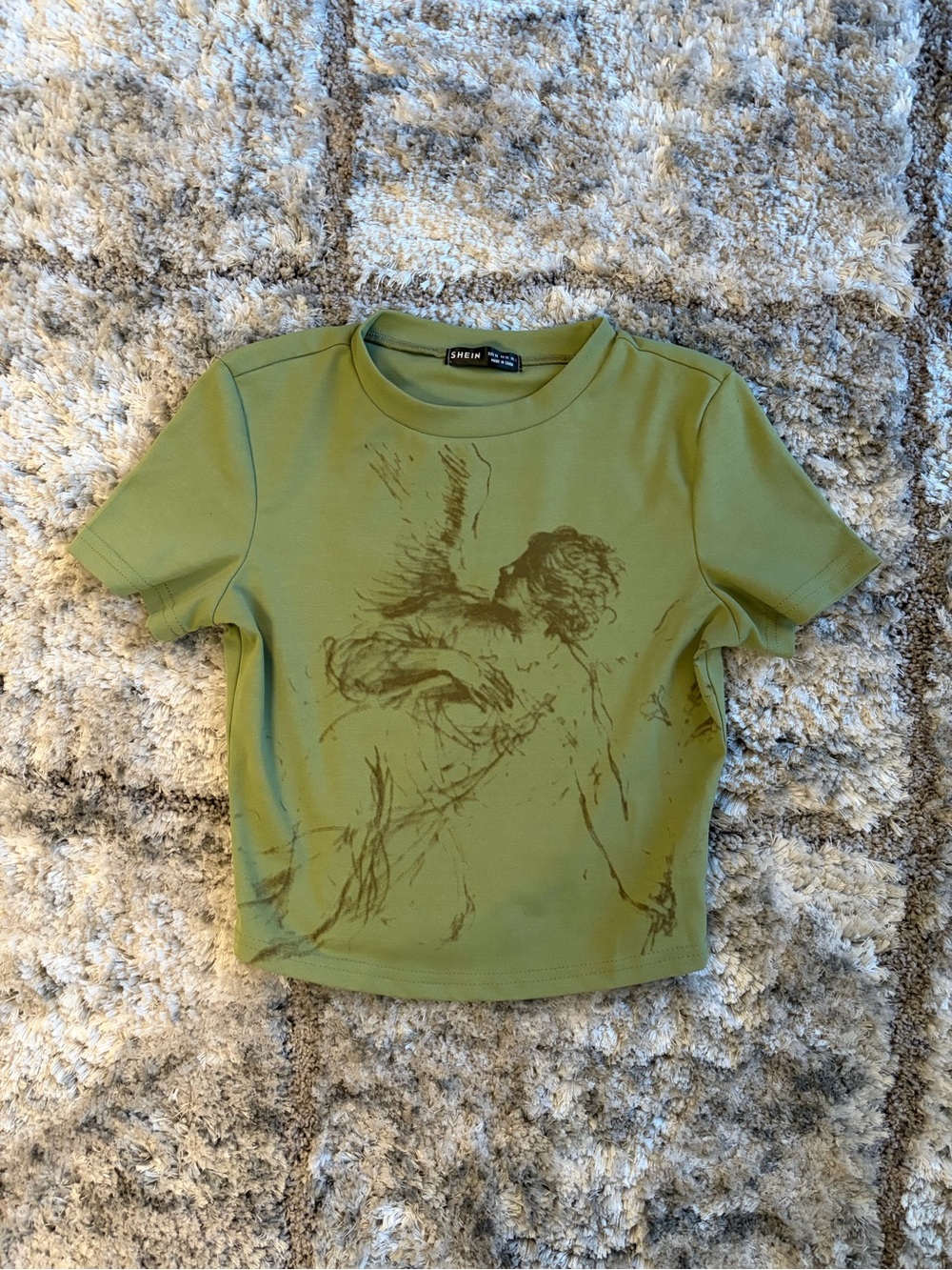 SHEIN Olive Green Short Sleeve Tee with Brown Sketch Print
